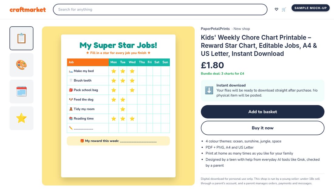 Sample marketplace listing for a printable weekly star chore chart priced at £1.80