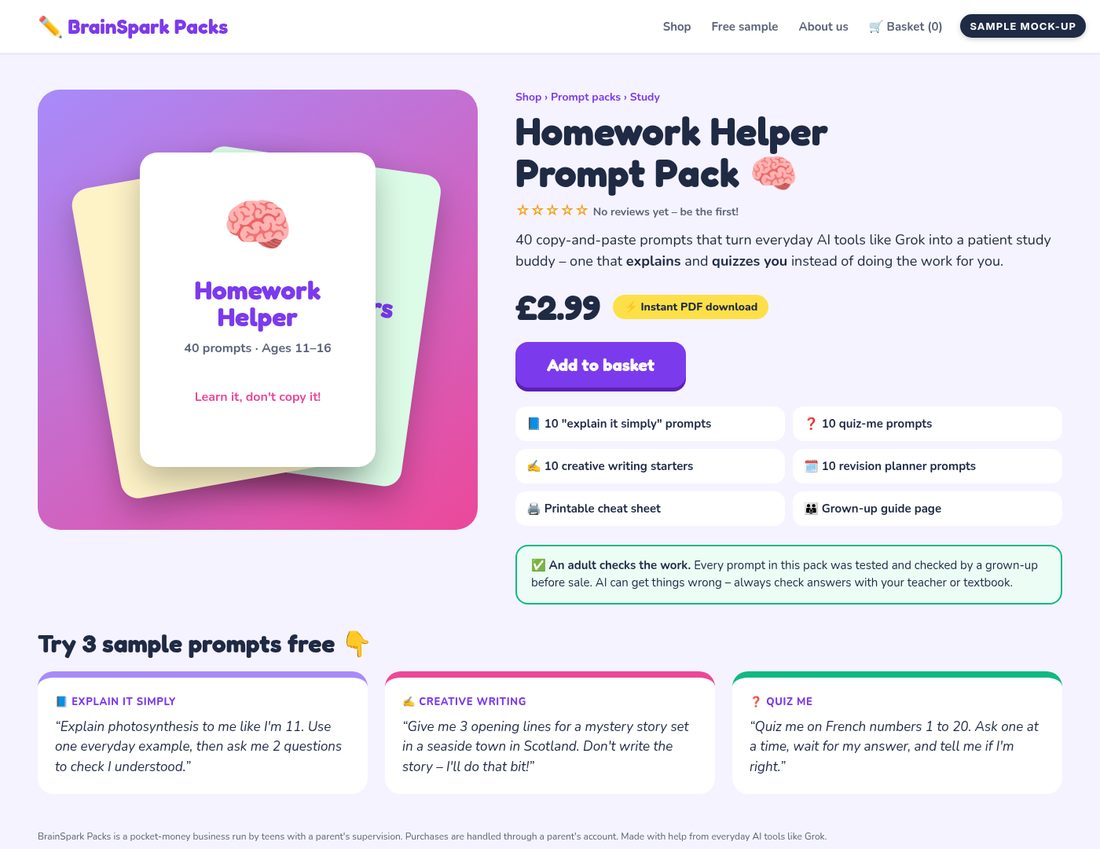 Sample shop page for a Homework Helper Prompt Pack priced at £2.99, with three free sample prompts