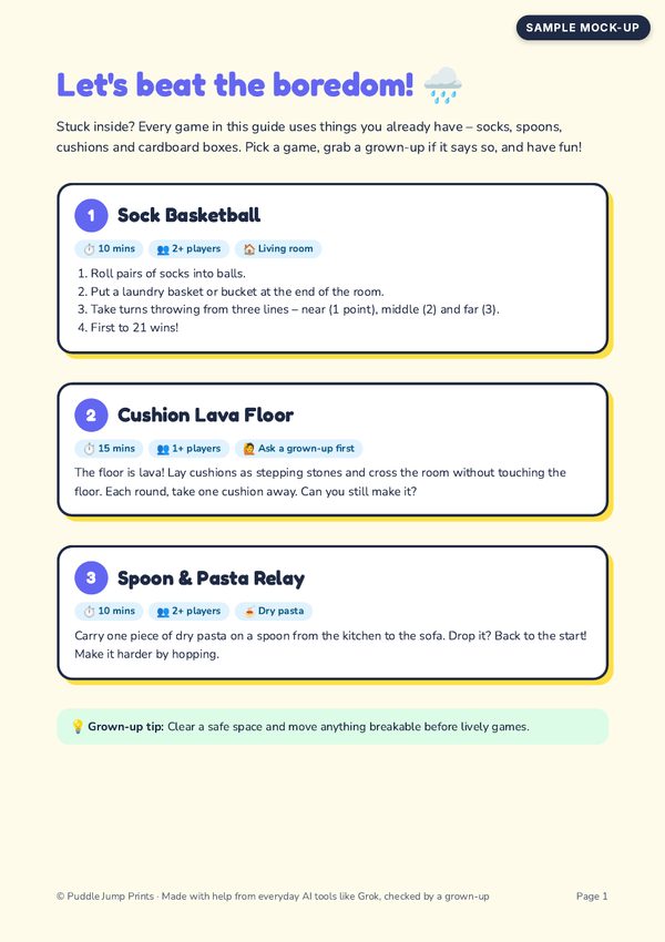 Sample first page with three games: Sock Basketball, Cushion Lava Floor and Spoon and Pasta Relay